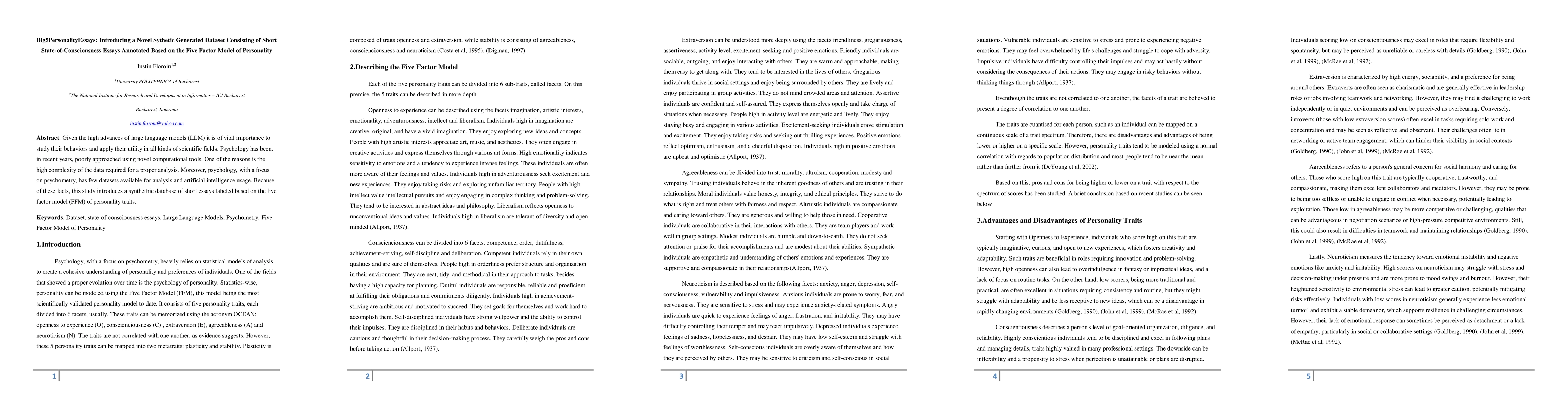 Thumbnail for Big5PersonalityEssays: Introducing a Novel Synthetic Generated Dataset
  Consisting of Short State-of-Consciousness Essays Annotated Based on the Five
  Factor Model of Personality