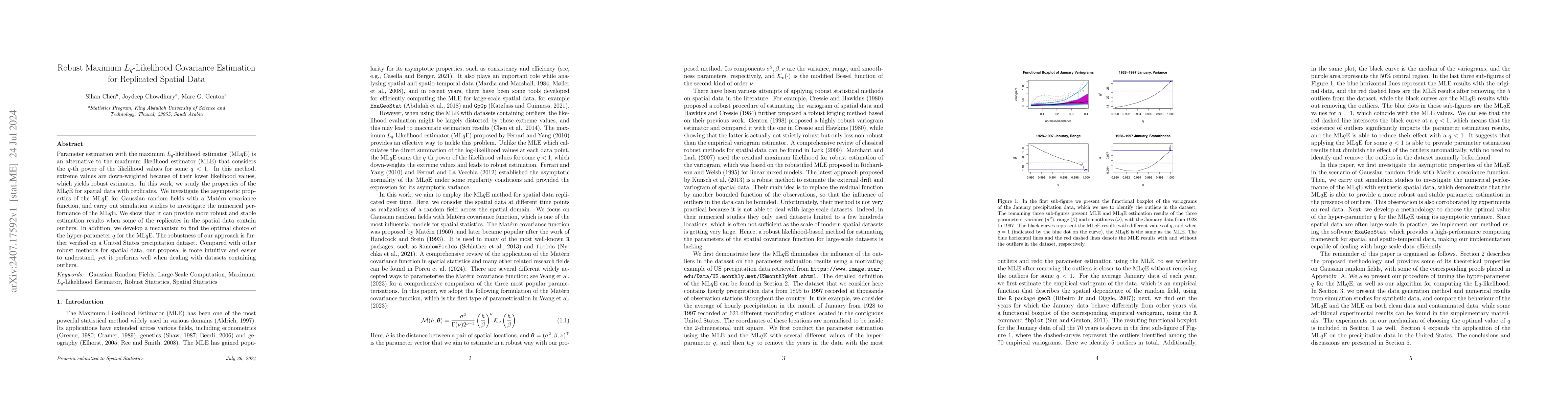 Thumbnail for Robust Maximum $L_q$-Likelihood Covariance Estimation for Replicated
  Spatial Data