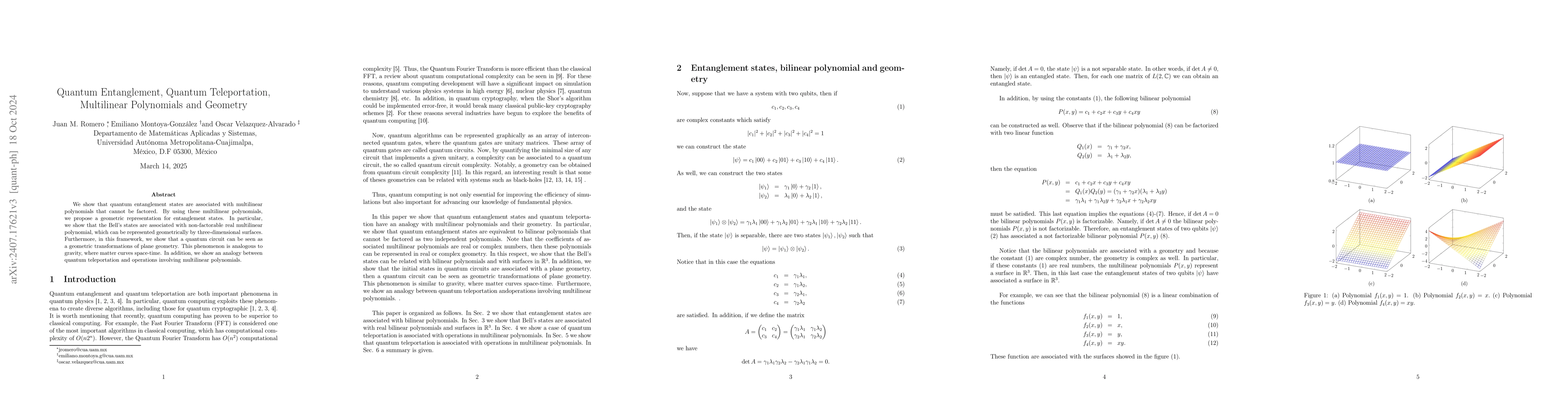 Thumbnail for Quantum Entanglement, Quantum Teleportation, Multilinear Polynomials and
  Geometry