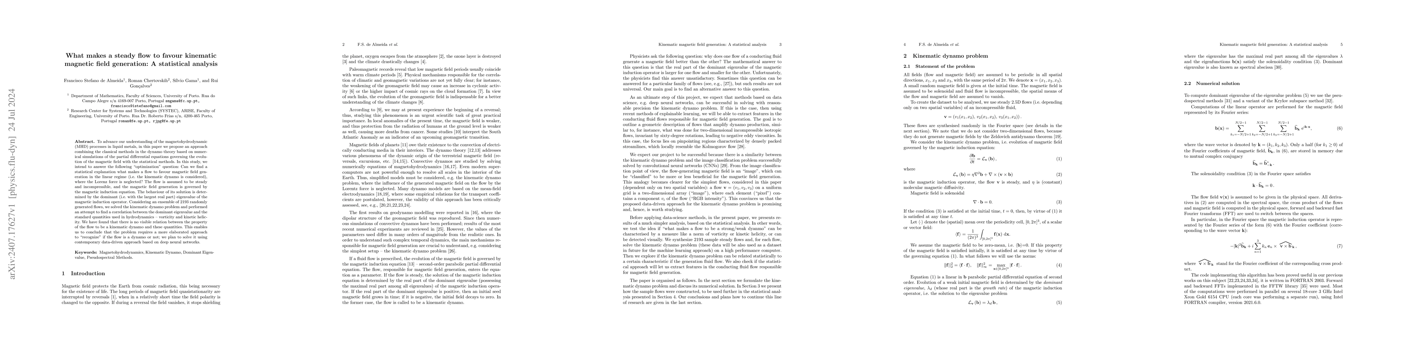 Thumbnail for What makes a steady flow to favour kinematic magnetic field generation:
  A statistical analysis