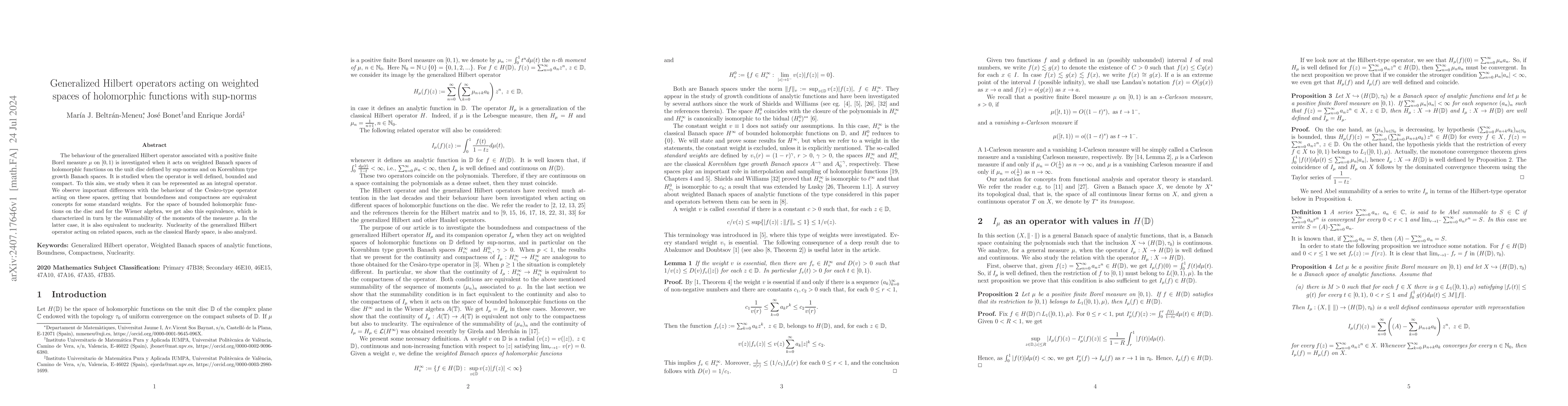 Thumbnail for Generalized Hilbert operators acting on weighted spaces of holomorphic
  functions with sup-norms