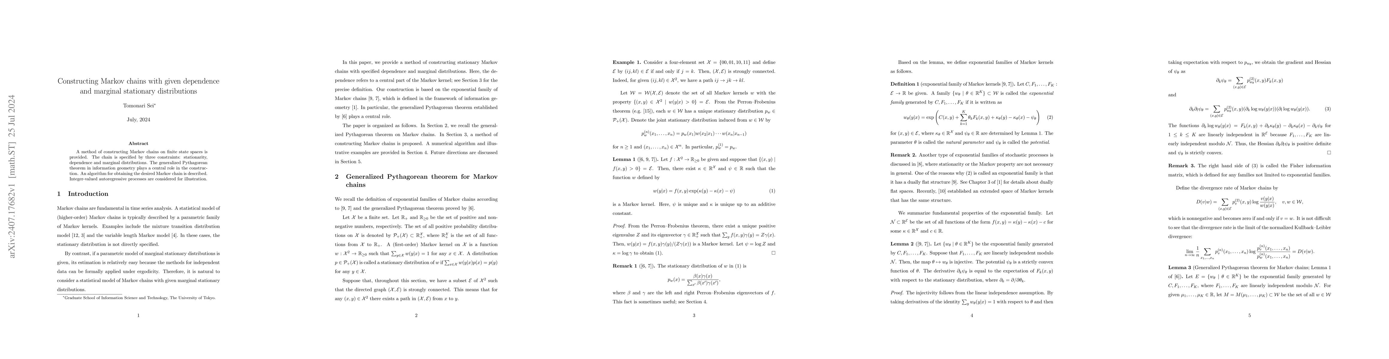 Thumbnail for Constructing Markov chains with given dependence and marginal stationary
  distributions