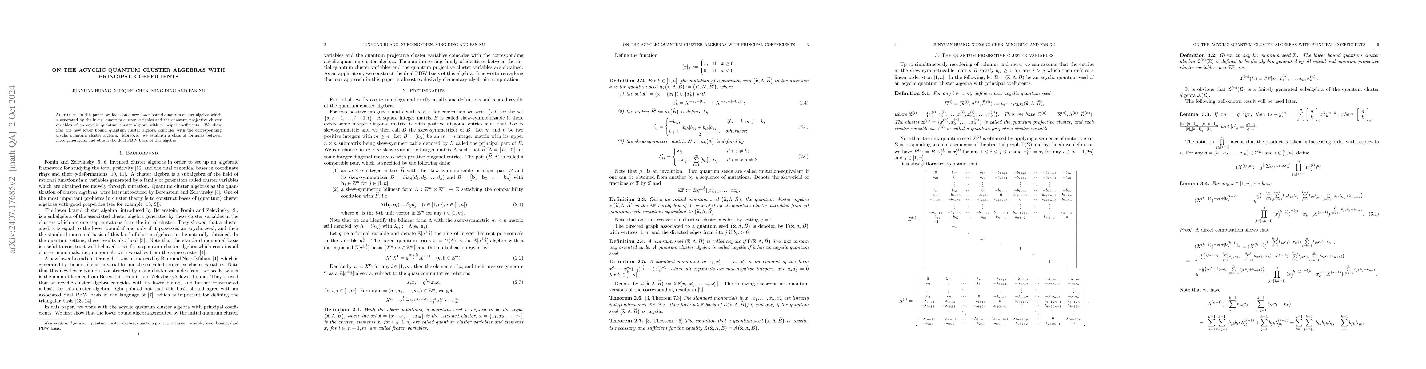 Thumbnail for On the acyclic quantum cluster algebras with principal coefficients