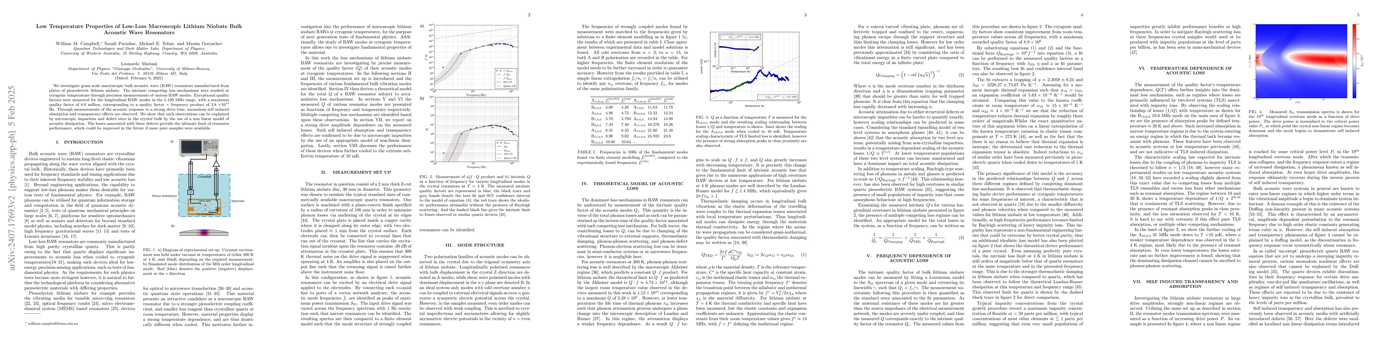 Thumbnail for Low Temperature Properties of Low-Loss Macroscopic Lithium Niobate Bulk
  Acoustic Wave Resonators
