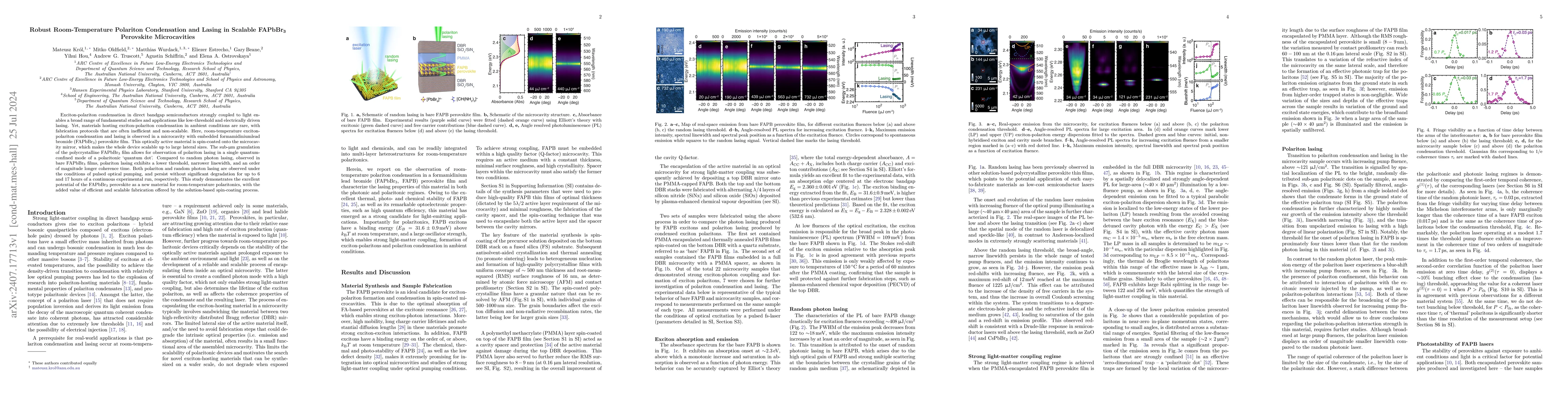 Thumbnail for Robust Room-Temperature Polariton Condensation and Lasing in Scalable
  FAPbBr$_3$ Perovskite Microcavities