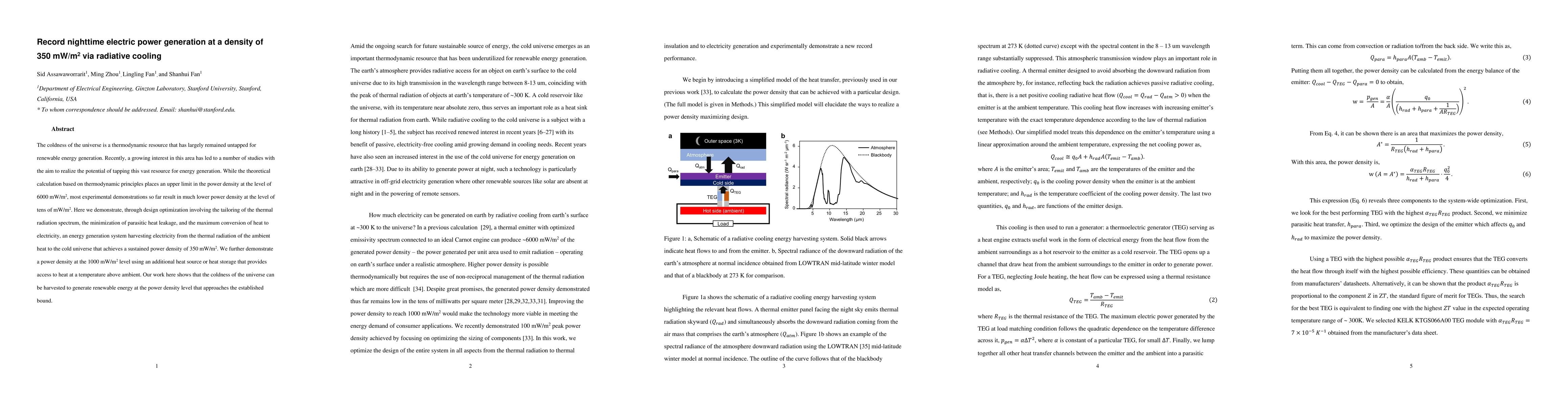 Thumbnail for Record nighttime electric power generation at a density of 350 mW/m$^2$
  via radiative cooling