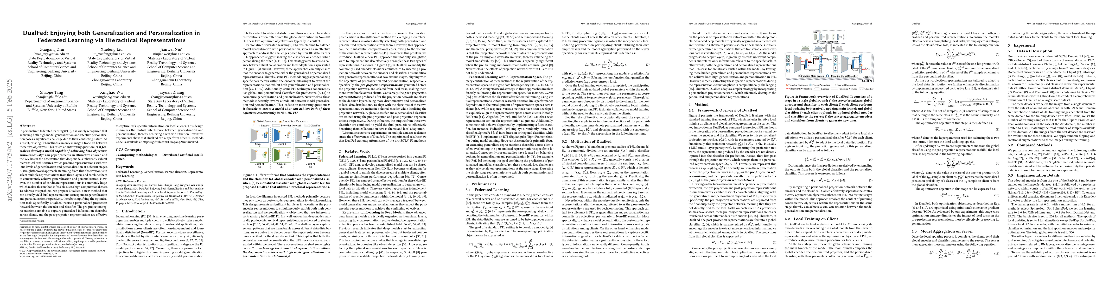 Thumbnail for DualFed: Enjoying both Generalization and Personalization in Federated
  Learning via Hierachical Representations