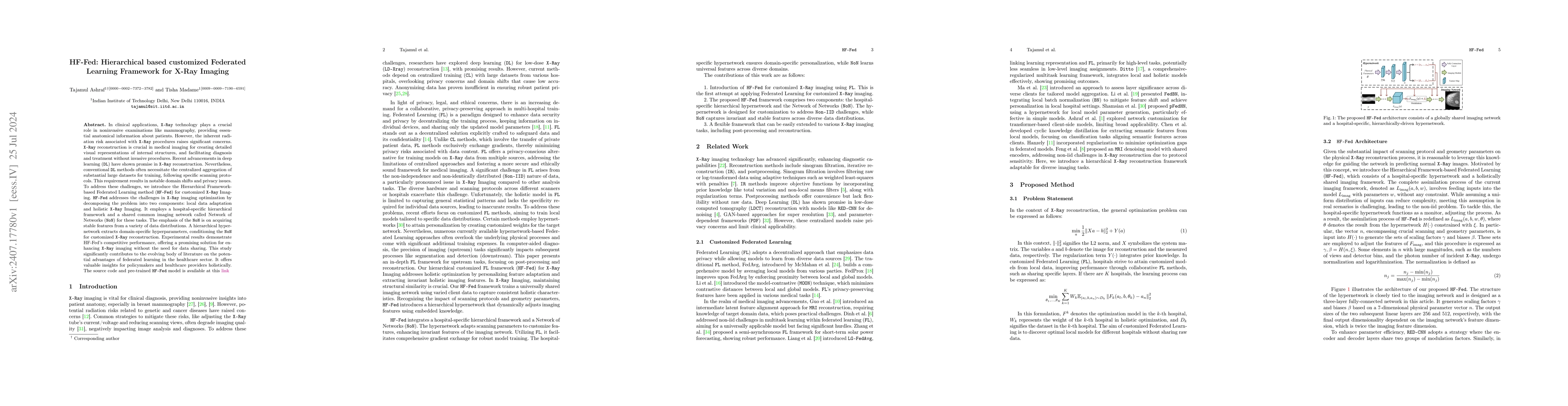 Thumbnail for HF-Fed: Hierarchical based customized Federated Learning Framework for
  X-Ray Imaging