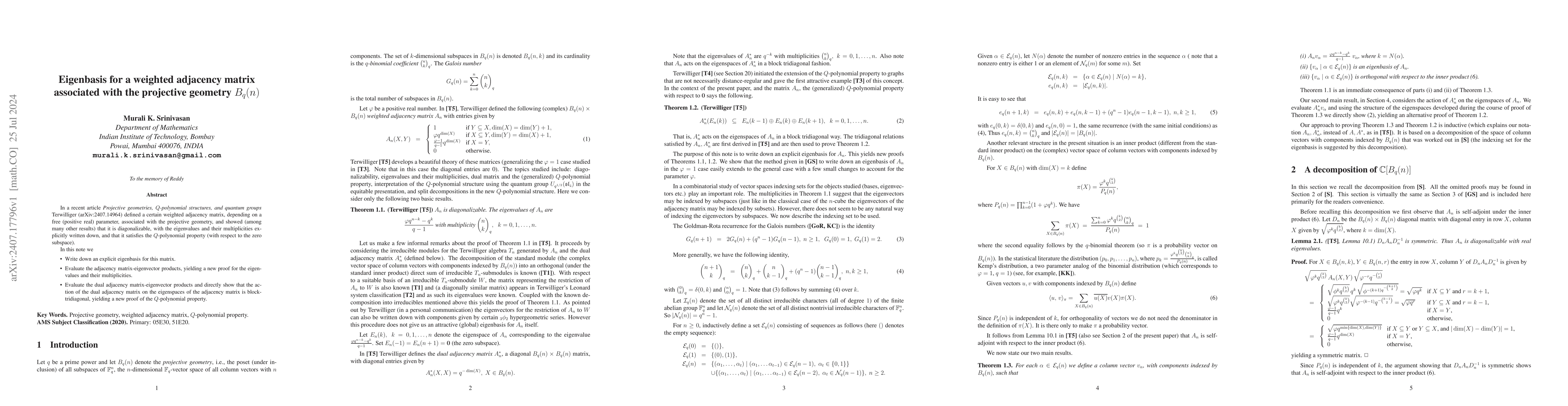 Thumbnail for Eigenbasis for a weighted adjacency matrix associated with the
  projective geometry $B_q(n)$