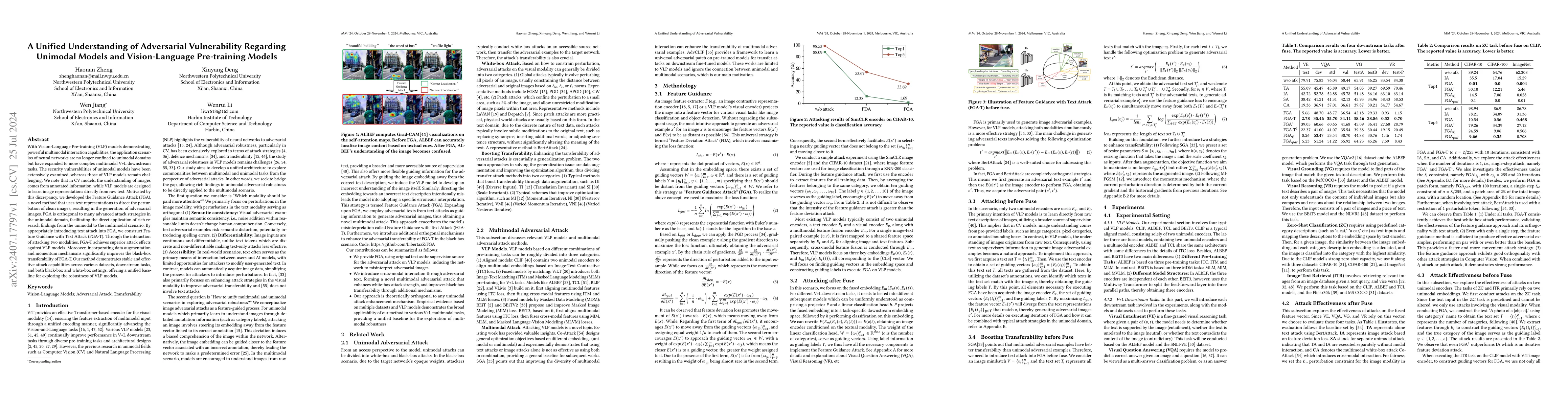 Thumbnail for A Unified Understanding of Adversarial Vulnerability Regarding Unimodal
  Models and Vision-Language Pre-training Models