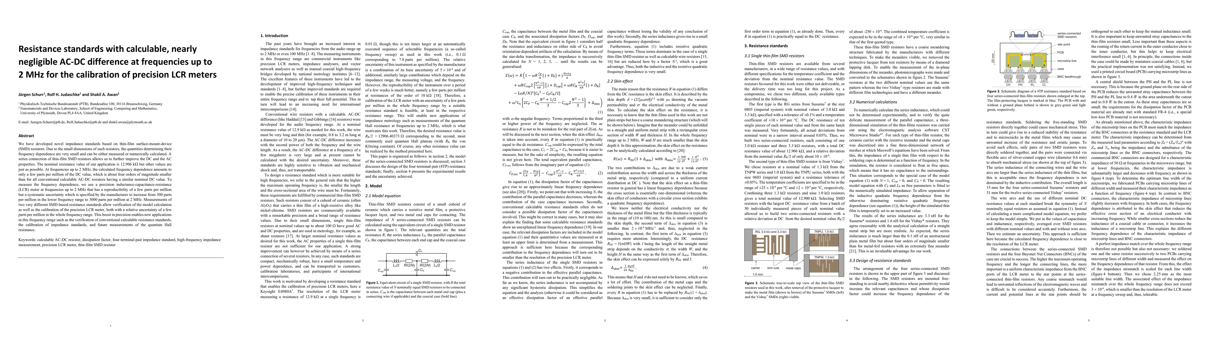 Thumbnail for Resistance standards with calculable, nearly negligible AC-DC difference
  at frequencies up to 2 MHz for the calibration of precision LCR meters