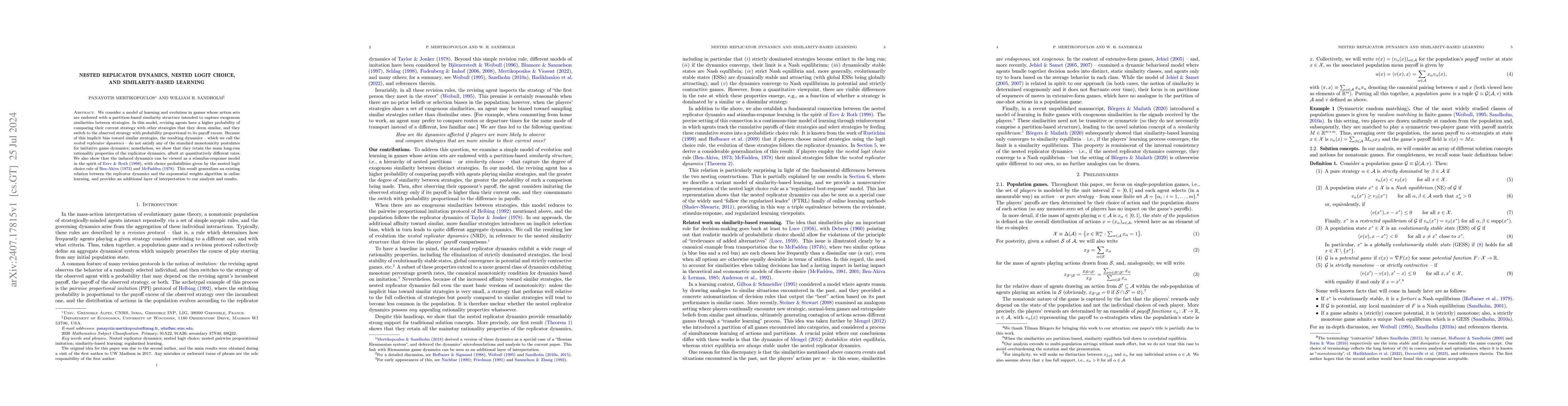 Thumbnail for Nested replicator dynamics, nested logit choice, and similarity-based
  learning