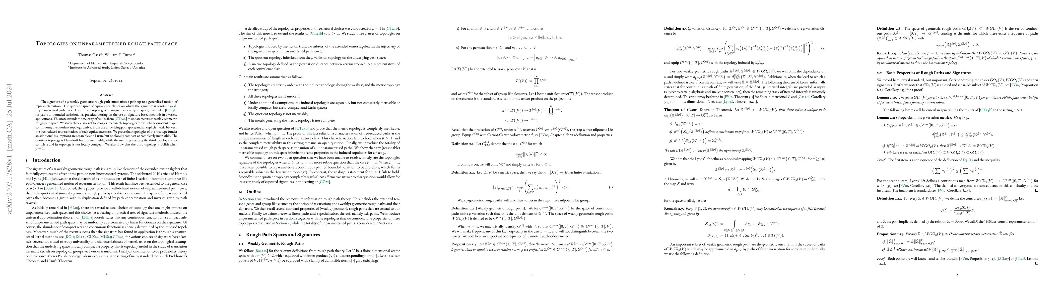 Thumbnail for Topologies on unparameterised rough path space