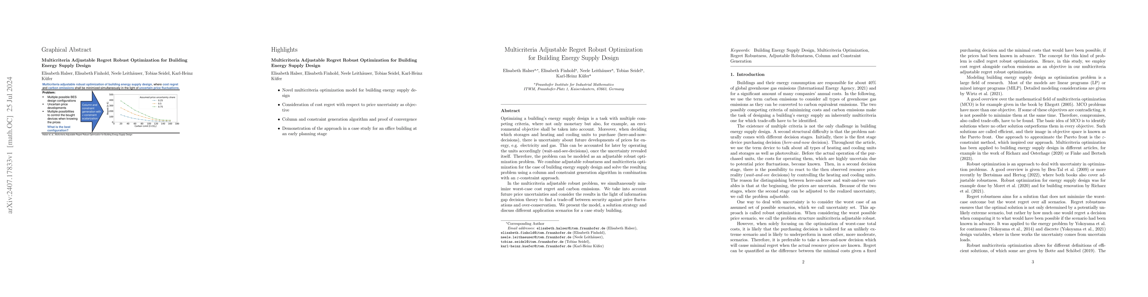Thumbnail for Multicriteria Adjustable Regret Robust Optimization for Building Energy
  Supply Design