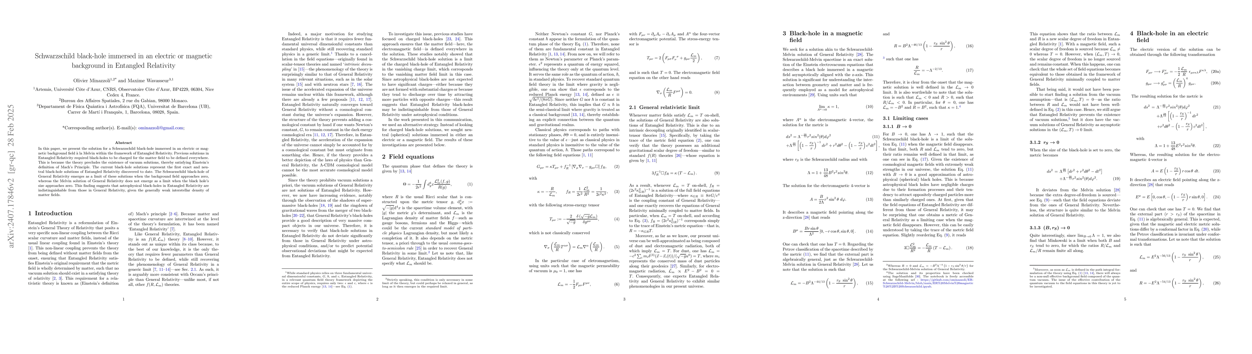Thumbnail for Schwarzschild black-hole immersed in an electric or magnetic background
  in Entangled Relativity