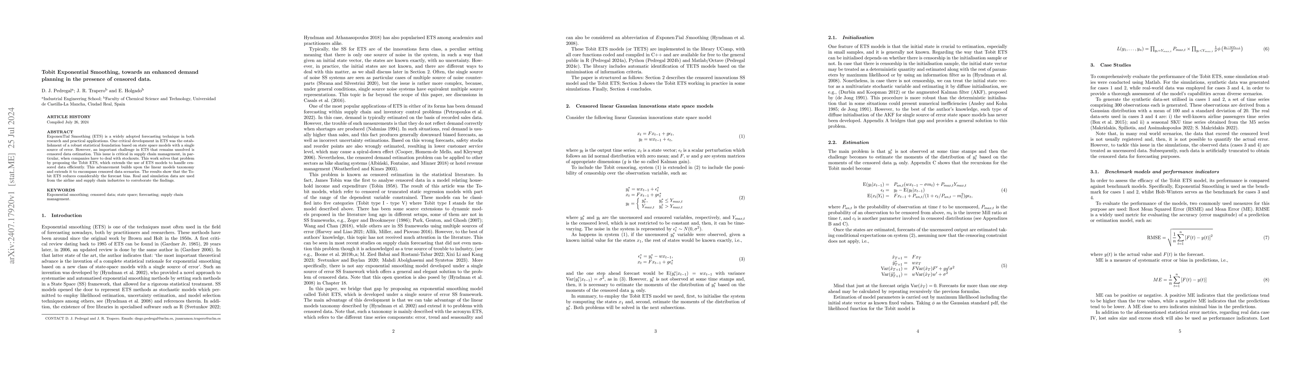Thumbnail for Tobit Exponential Smoothing, towards an enhanced demand planning in the
  presence of censored data
