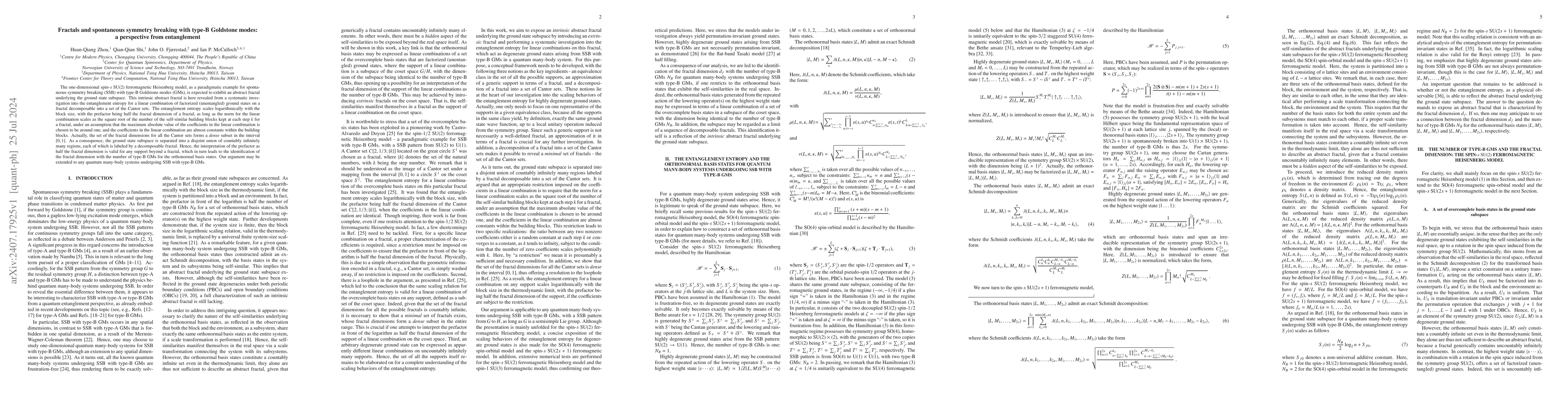Thumbnail for Fractals and spontaneous symmetry breaking with type-B Goldstone modes:
  a perspective from entanglement