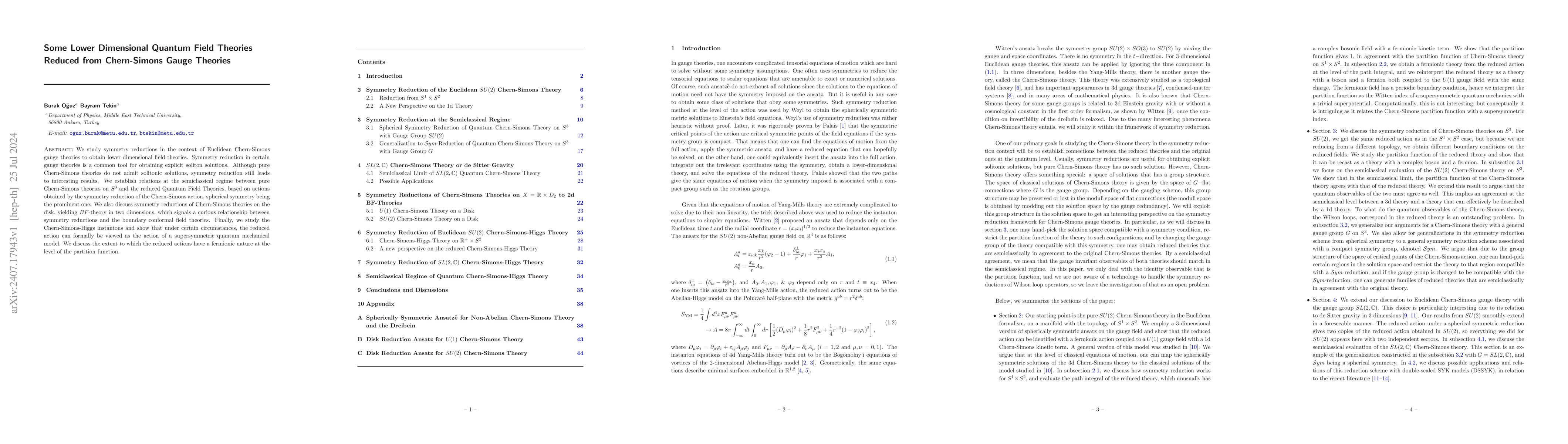 Thumbnail for Some Lower Dimensional Quantum Field Theories Reduced from Chern-Simons
  Gauge Theories
