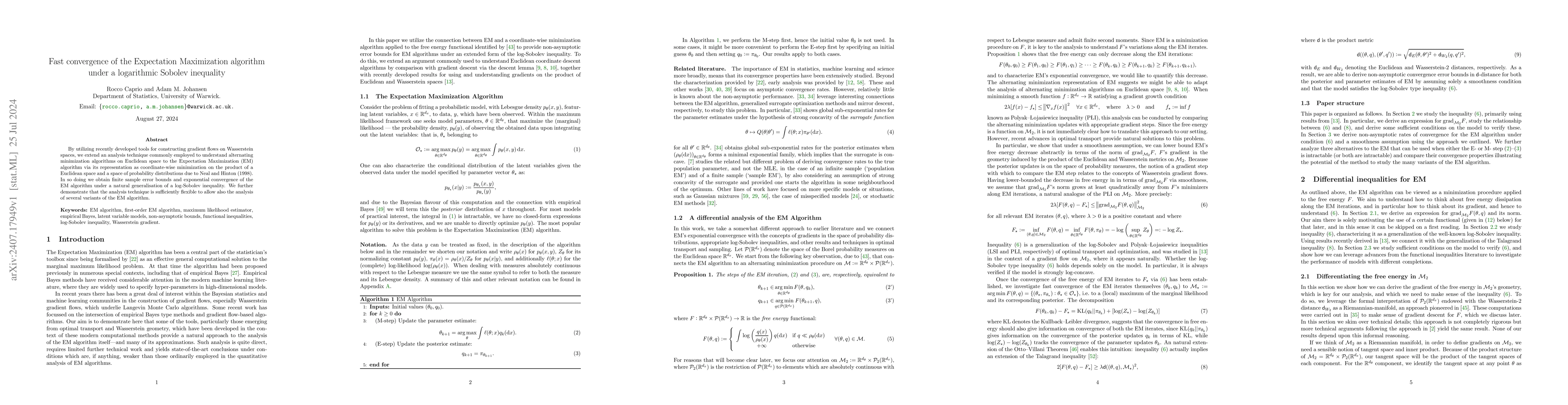 Thumbnail for Fast convergence of the Expectation Maximization algorithm under a
  logarithmic Sobolev inequality