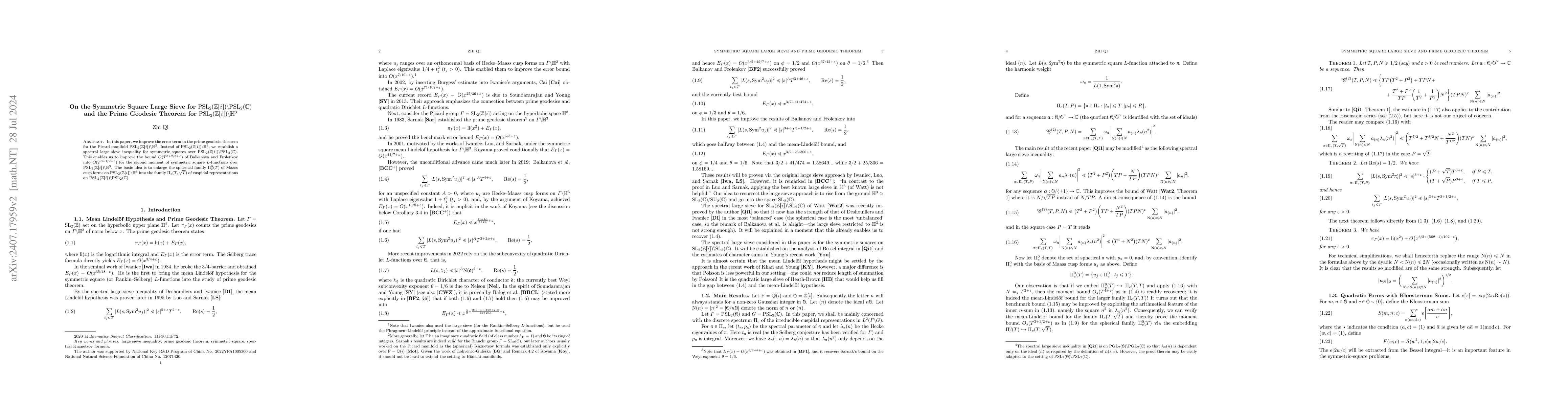 Thumbnail for On the Symmetric Square Large Sieve for $\mathrm{PSL}_2 (\mathbb{Z}
  {[i]}) \backslash \mathrm{PSL}_2 (\mathbb{C}) $ and the Prime Geodesic
  Theorem for $ \mathrm{PSL}_2 (\mathbb{Z} {[i]}) \backslash \mathbb{H}^3 $