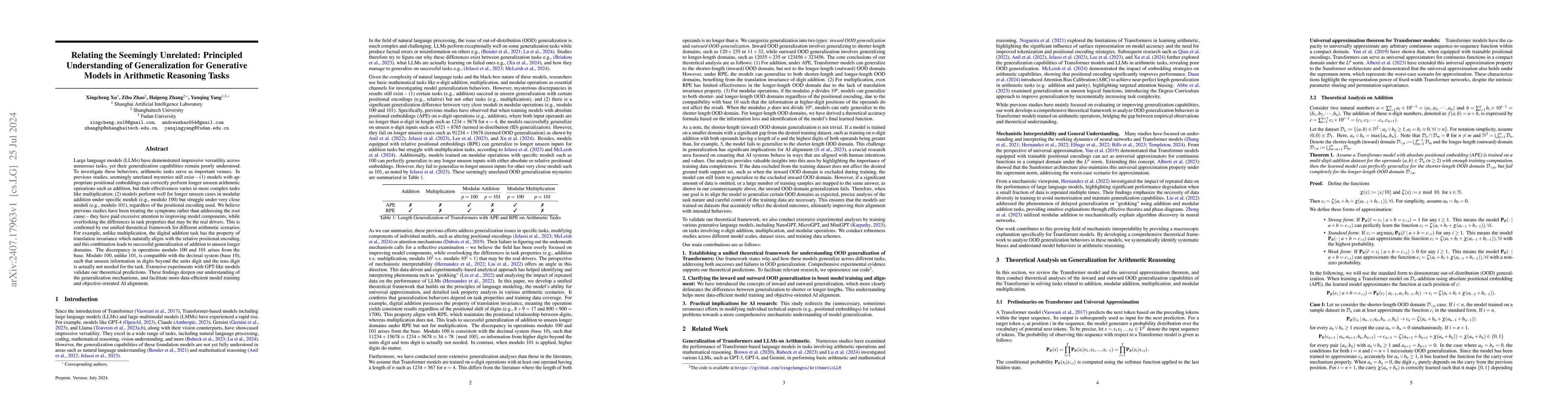 Thumbnail for Relating the Seemingly Unrelated: Principled Understanding of
  Generalization for Generative Models in Arithmetic Reasoning Tasks