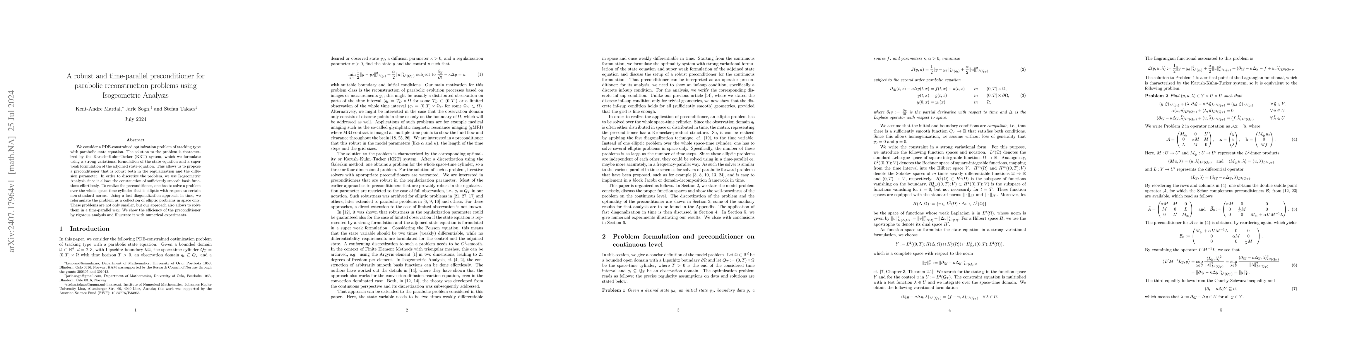 Thumbnail for A robust and time-parallel preconditioner for parabolic reconstruction
  problems using Isogeometric Analysis