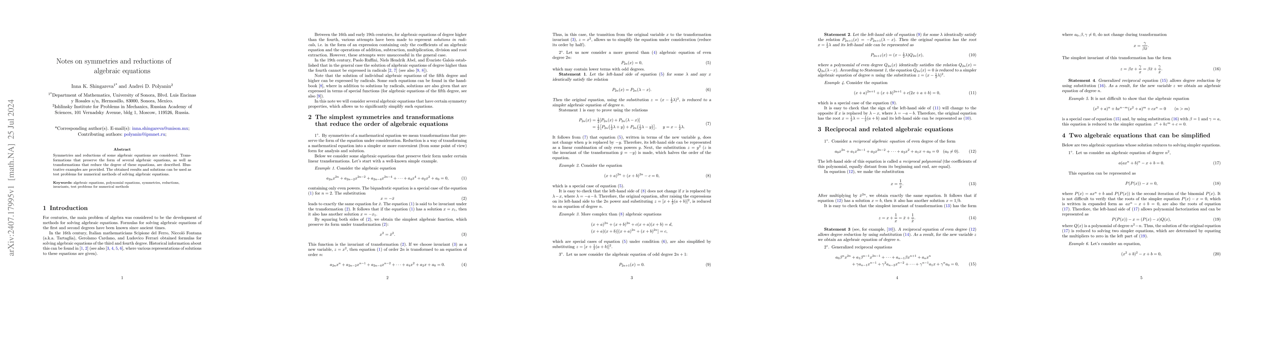 Thumbnail for Notes on symmetries and reductions of algebraic equations