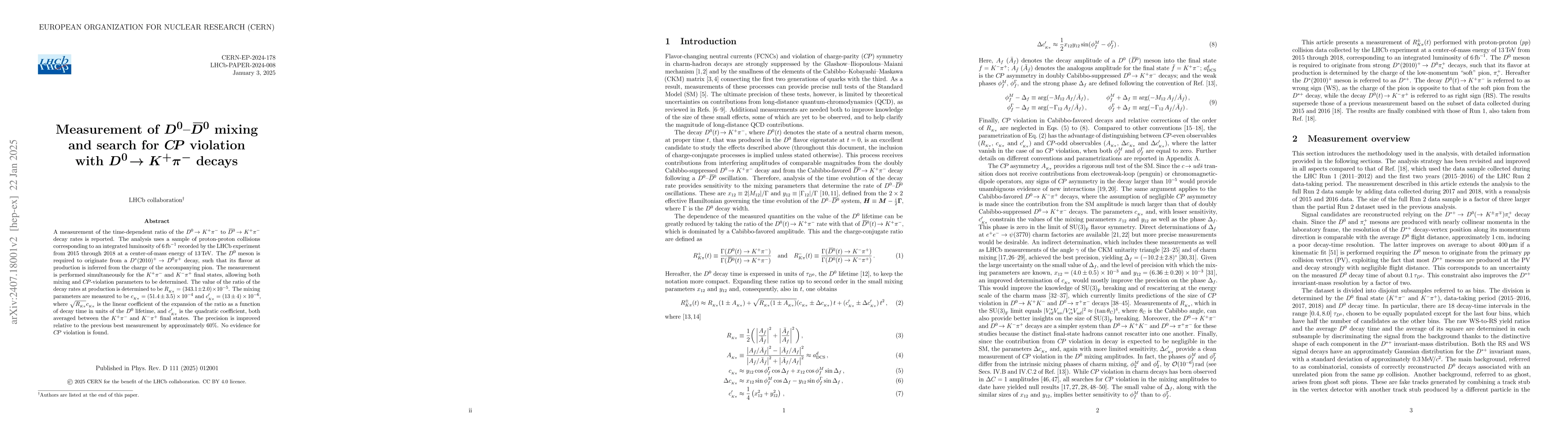 Thumbnail for Measurement of $D^0-\overline{D}^0$ mixing and search for $CP$ violation
  with $D^0\rightarrow K^+π^-$ decays