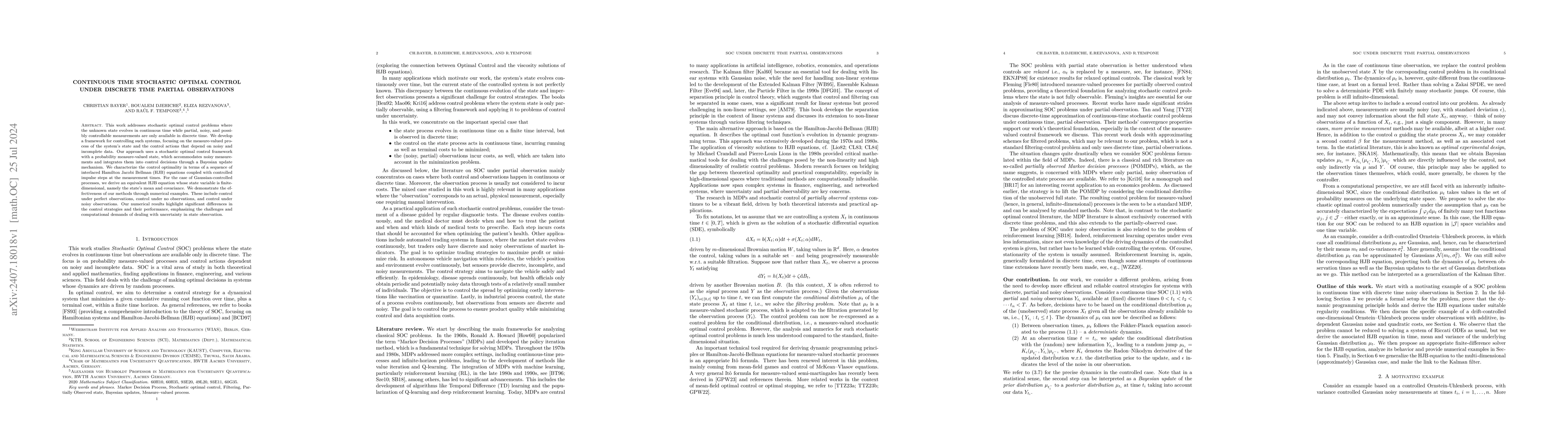 Thumbnail for Continuous time Stochastic optimal control under discrete time partial
  observations