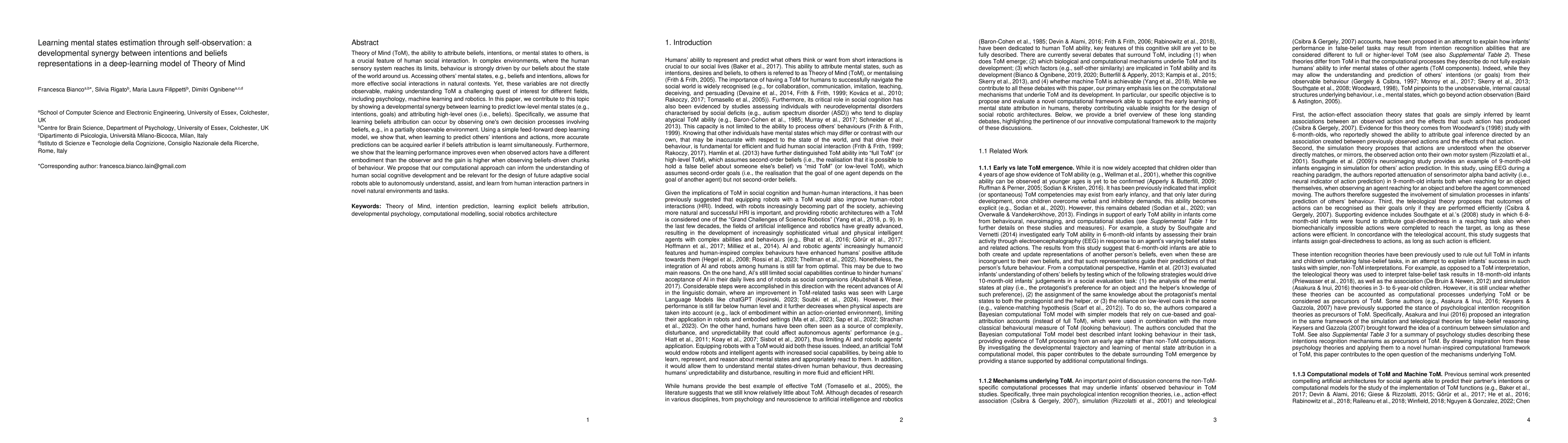 Thumbnail for Learning mental states estimation through self-observation: a
  developmental synergy between intentions and beliefs representations in a
  deep-learning model of Theory of Mind