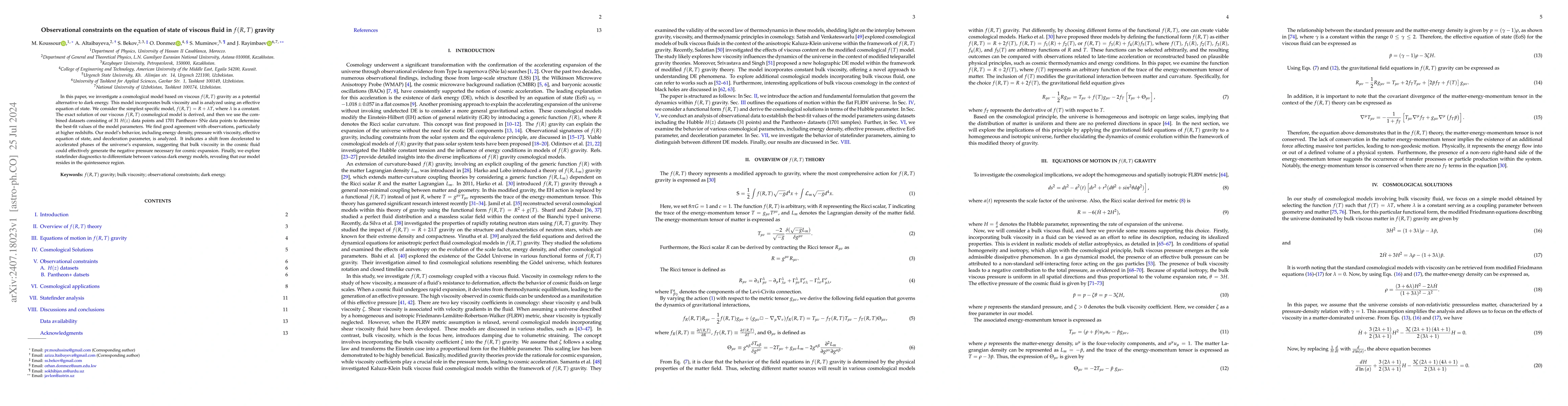 Thumbnail for Observational constraints on the equation of state of viscous fluid in
  $f(R, T)$ gravity