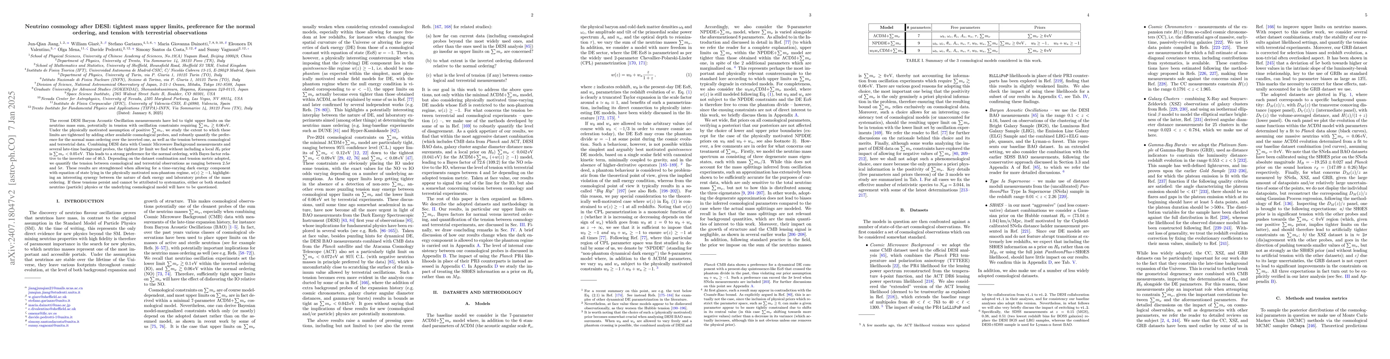 Thumbnail for Neutrino cosmology after DESI: tightest mass upper limits, preference
  for the normal ordering, and tension with terrestrial observations