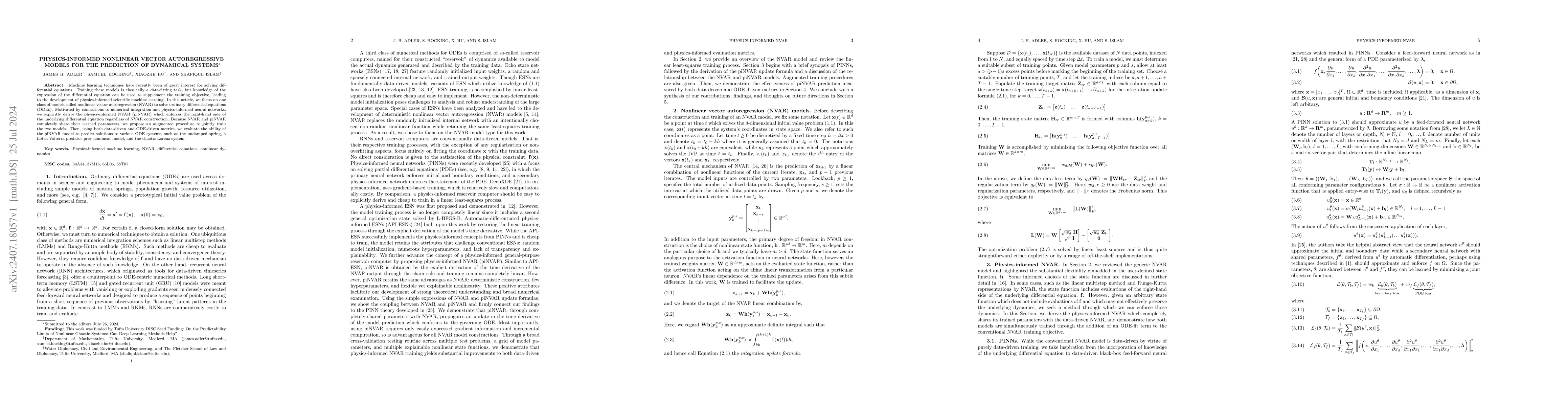 Thumbnail for Physics-informed nonlinear vector autoregressive models for the
  prediction of dynamical systems