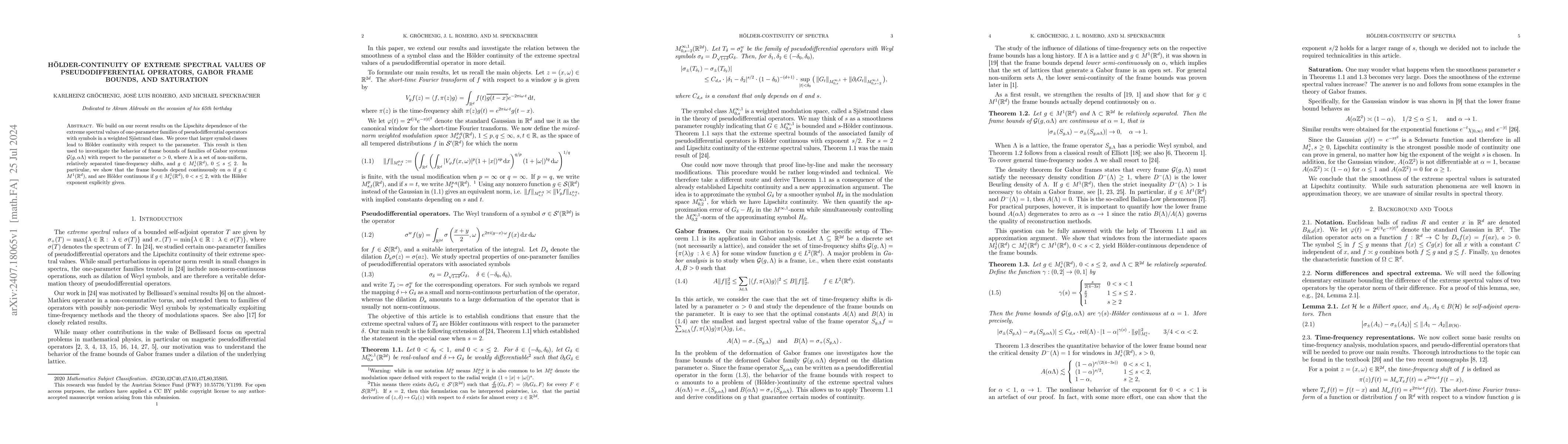 Thumbnail for Hölder-Continuity of Extreme Spectral Values of Pseudodifferential
  Operators, Gabor Frame Bounds, and Saturation