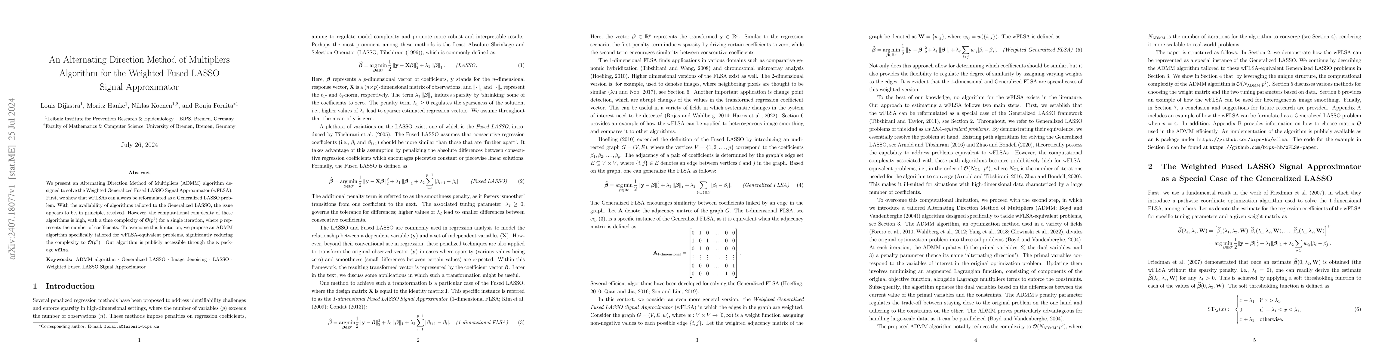 Thumbnail for An Alternating Direction Method of Multipliers Algorithm for the
  Weighted Fused LASSO Signal Approximator
