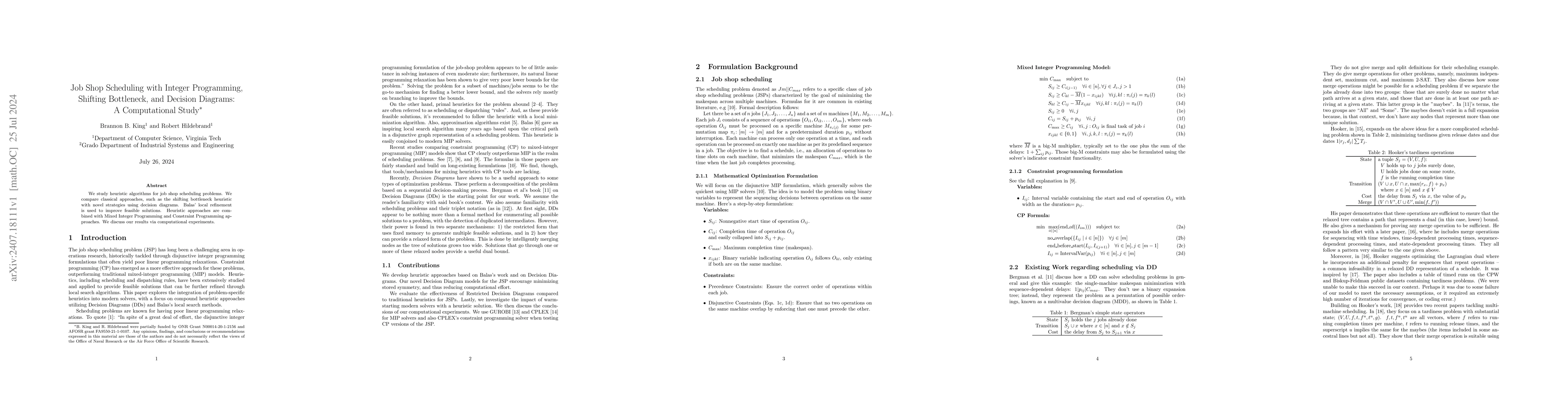 Thumbnail for Job Shop Scheduling with Integer Programming, Shifting Bottleneck, and
  Decision Diagrams: A Computational Study