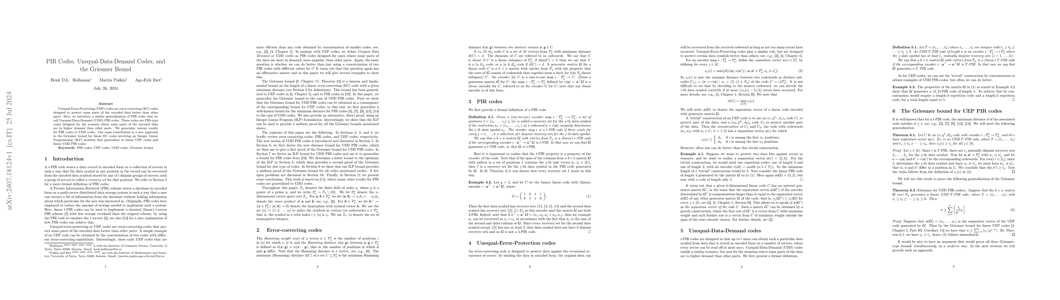 Thumbnail for PIR Codes, Unequal-Data-Demand Codes, and the Griesmer Bound