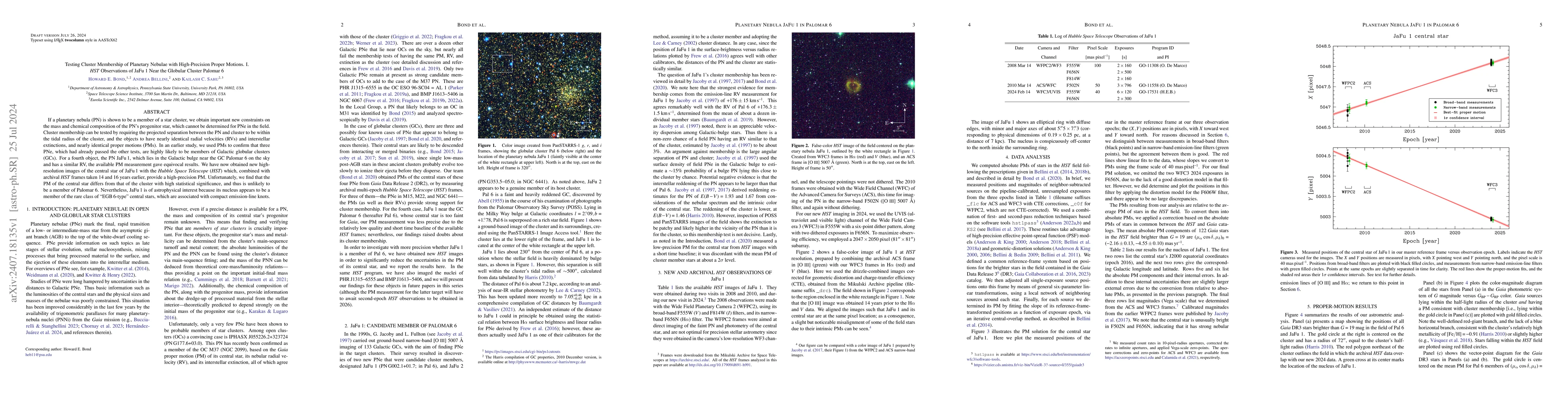 Thumbnail for Testing Cluster Membership of Planetary Nebulae with High-Precision
  Proper Motions. I. HST Observations of JaFu 1 Near the Globular Cluster
  Palomar 6