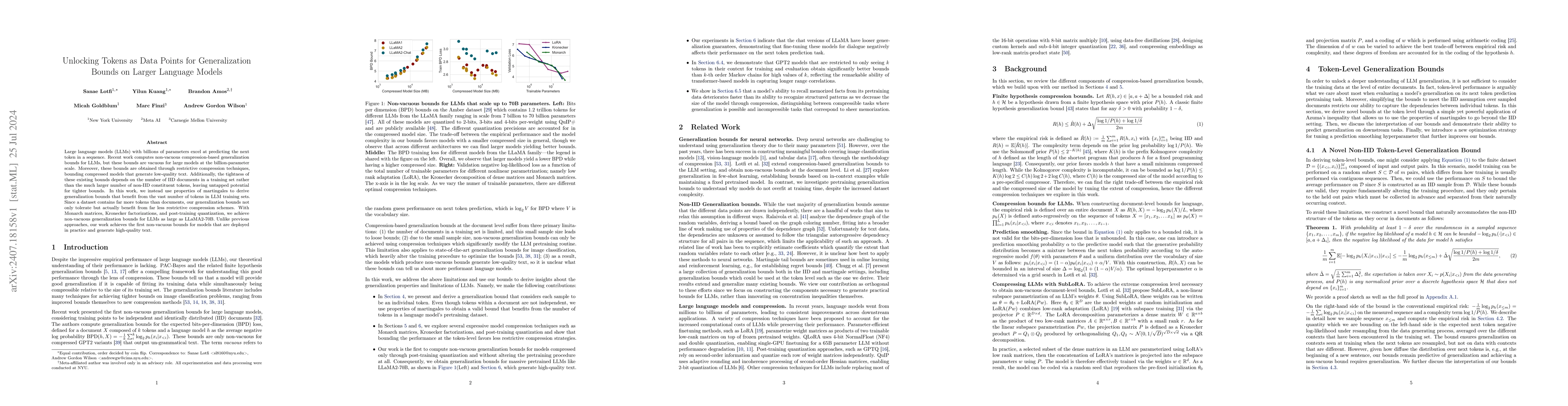 Thumbnail for Unlocking Tokens as Data Points for Generalization Bounds on Larger
  Language Models