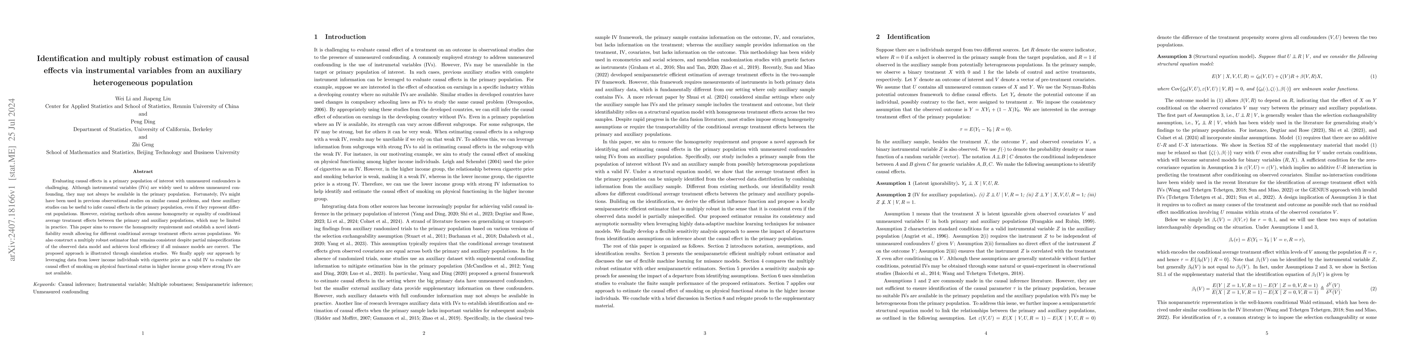 Thumbnail for Identification and multiply robust estimation of causal effects via
  instrumental variables from an auxiliary heterogeneous population