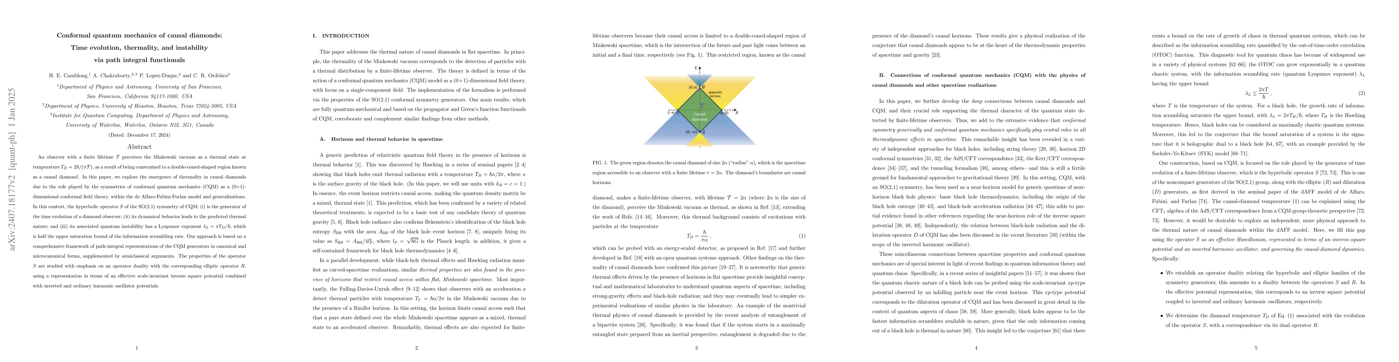 Thumbnail for Conformal quantum mechanics of causal diamonds: Time evolution and
  thermality via path integral functionals