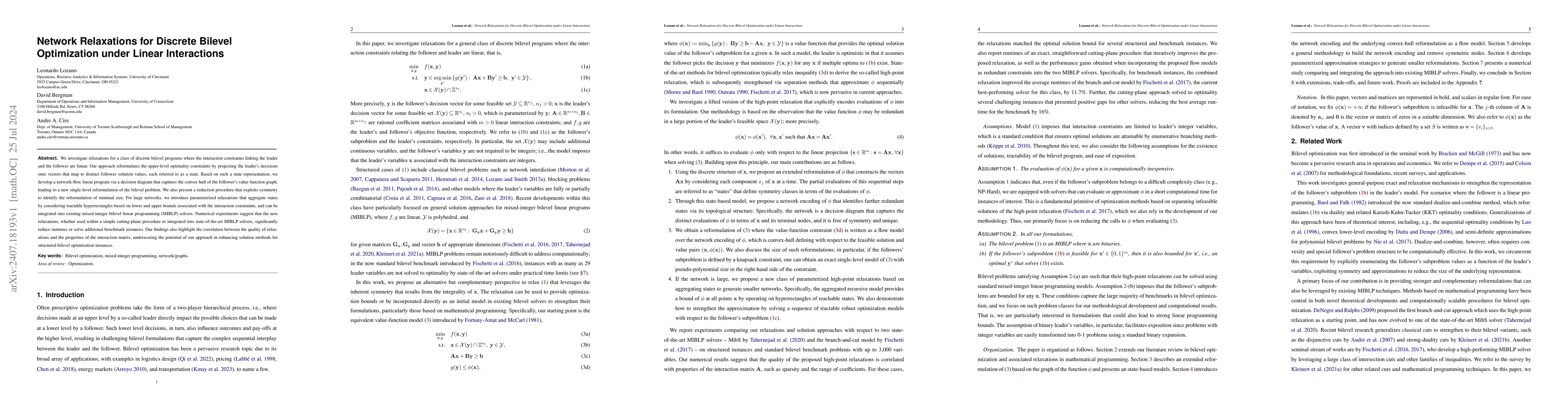 Thumbnail for Network Relaxations for Discrete Bilevel Optimization under Linear
  Interactions