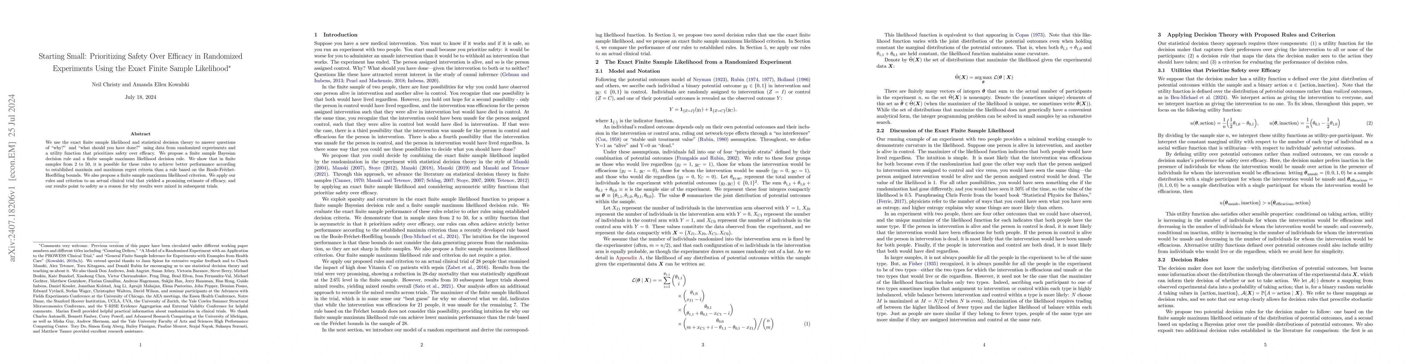 Thumbnail for Starting Small: Prioritizing Safety over Efficacy in Randomized
  Experiments Using the Exact Finite Sample Likelihood