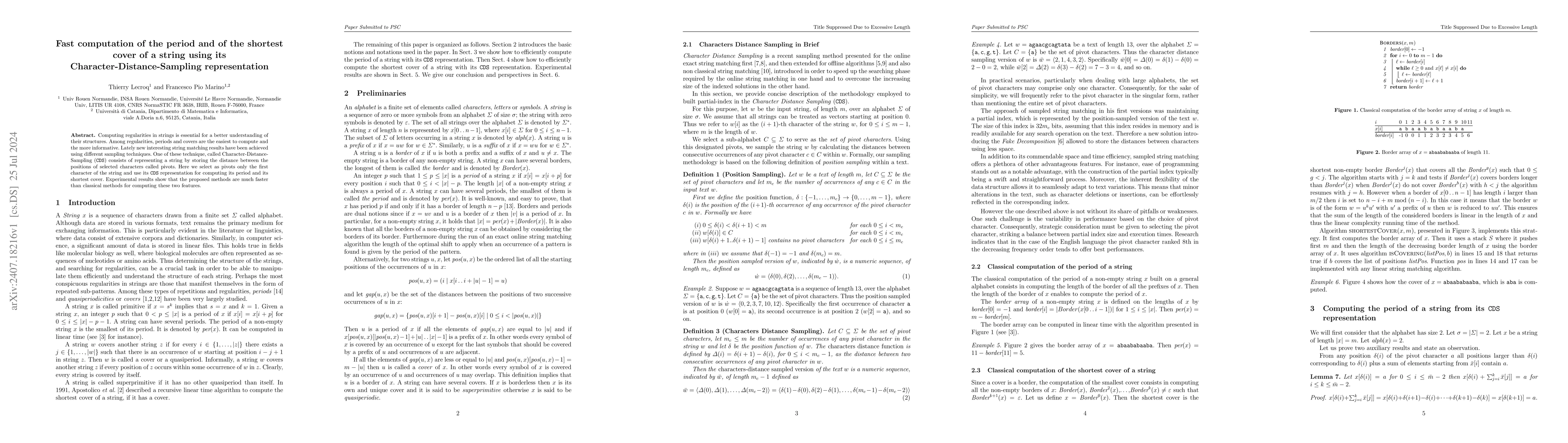 Thumbnail for Fast computation of the period and of the shortest cover of a string
  using its Character-Distance-Sampling representation