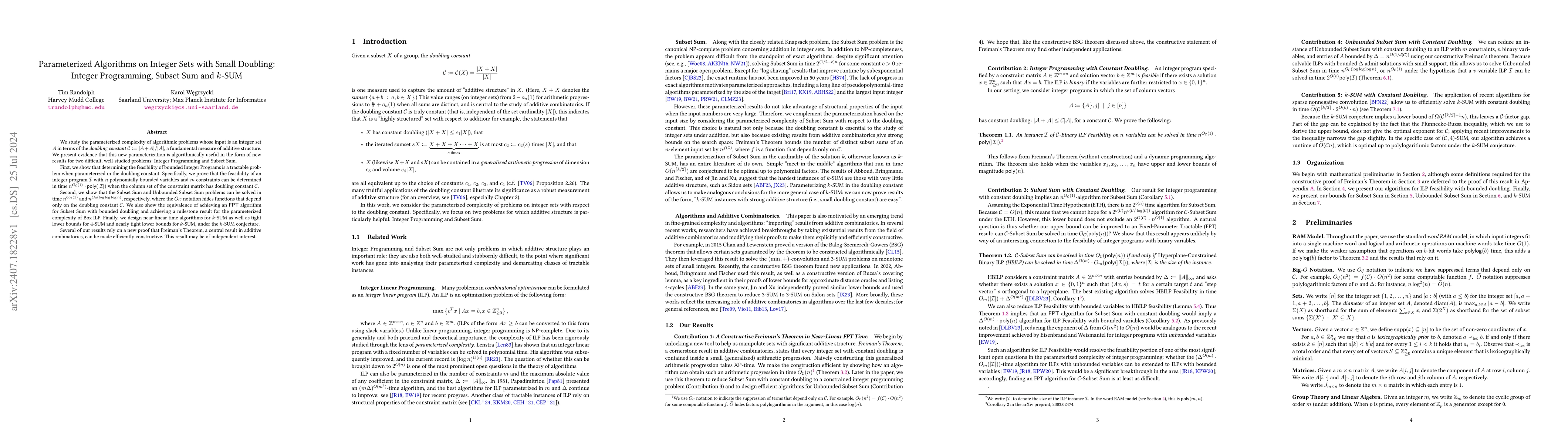 Thumbnail for Parameterized Algorithms on Integer Sets with Small Doubling: Integer
  Programming, Subset Sum and k-SUM
