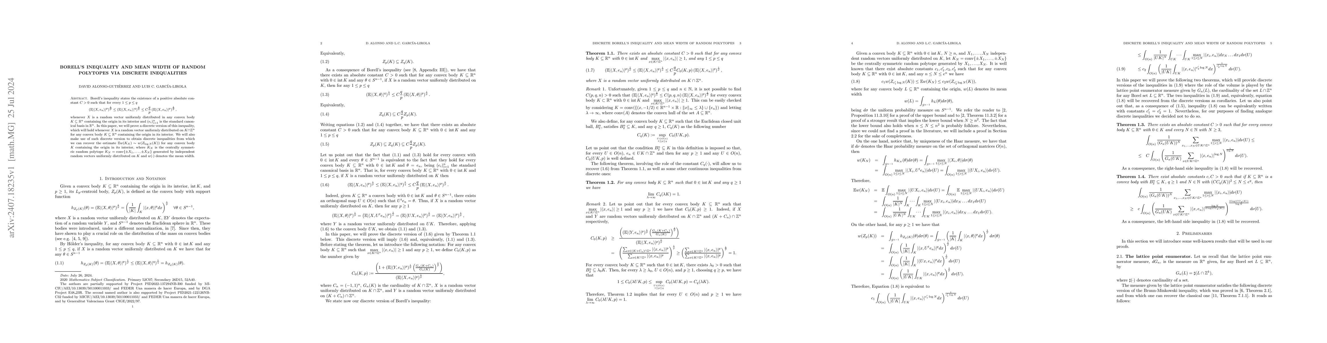Thumbnail for Borell's inequality and mean width of random polytopes via discrete
  inequalities