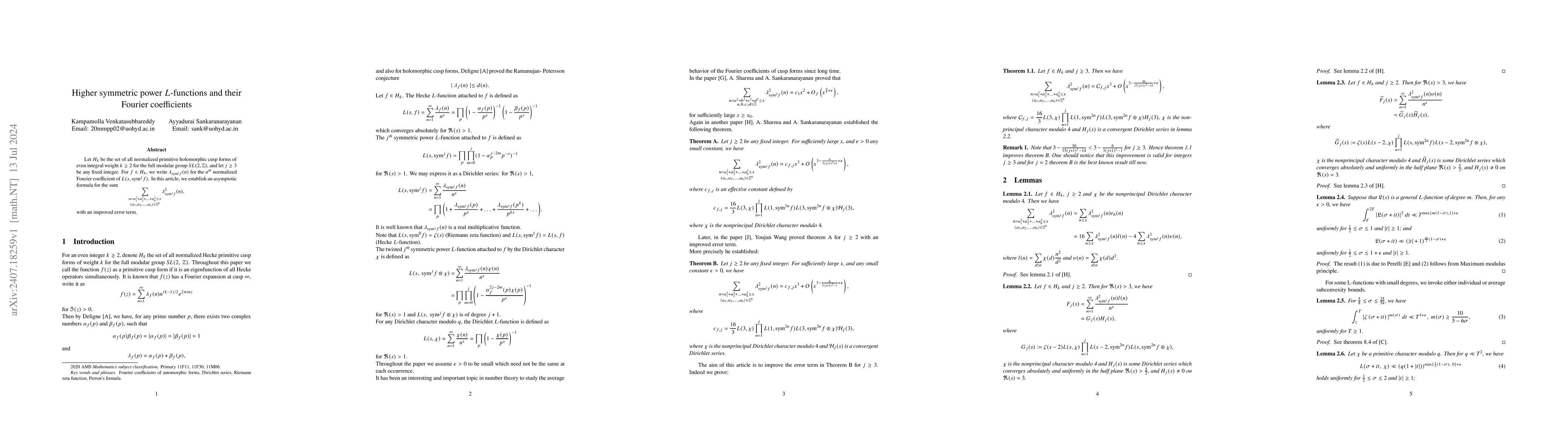 Thumbnail for Higher symmetric power $L$-functions and their Fourier coefficients
