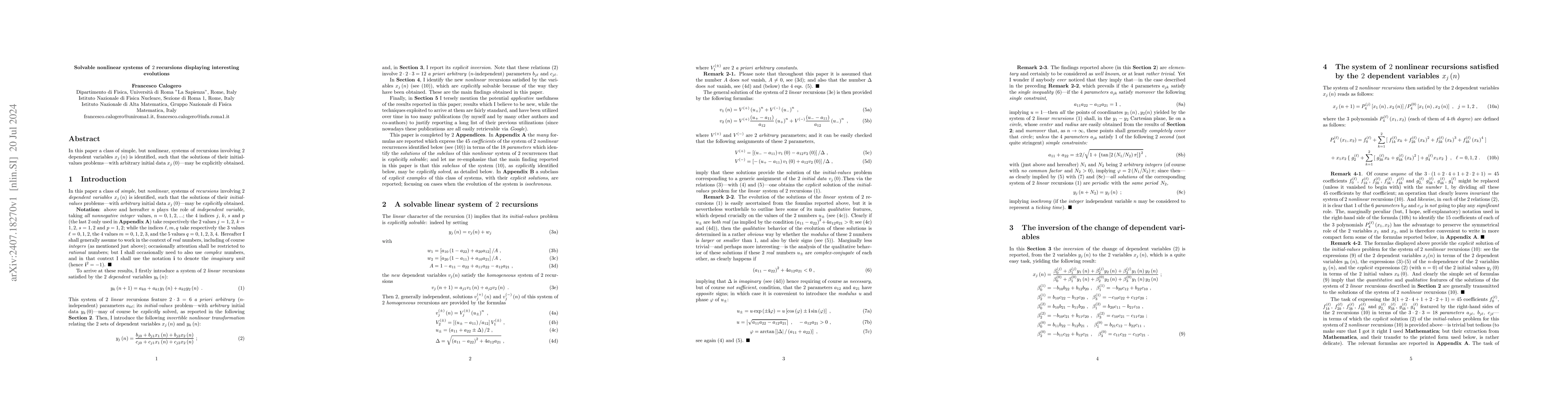Thumbnail for Solvable nonlinear systems of 2 recursions displaying interesting
  evolutions