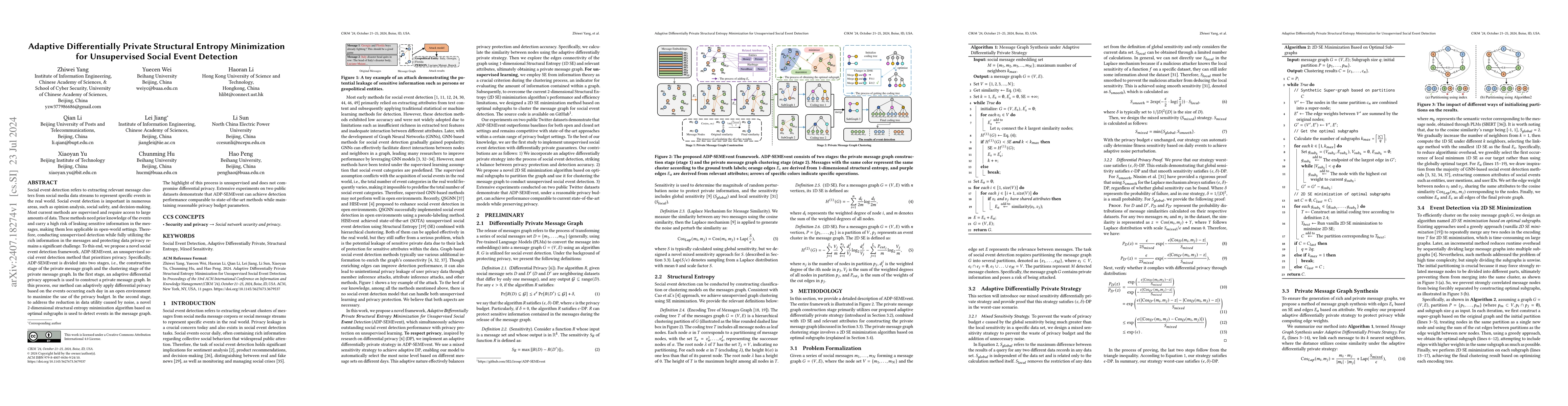 Thumbnail for Adaptive Differentially Private Structural Entropy Minimization for
  Unsupervised Social Event Detection