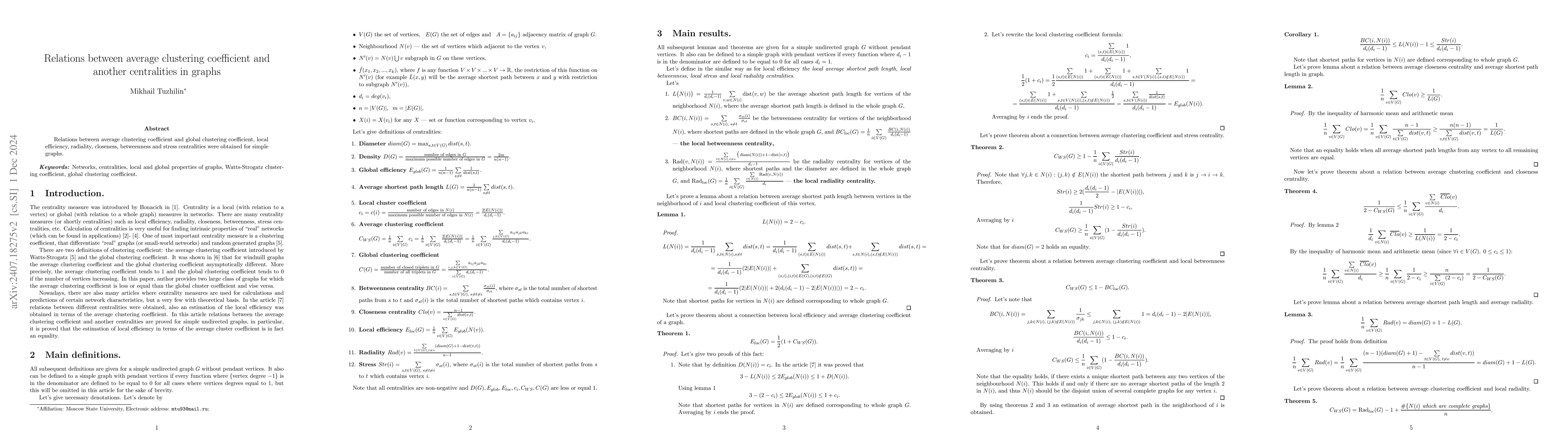 Thumbnail for Relations between average clustering coefficient and another
  centralities in graphs